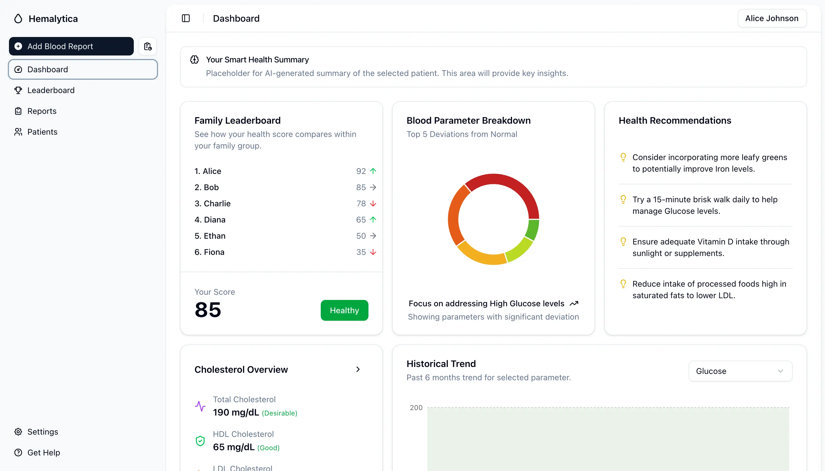 Hemalytica application mockup showing dashboard